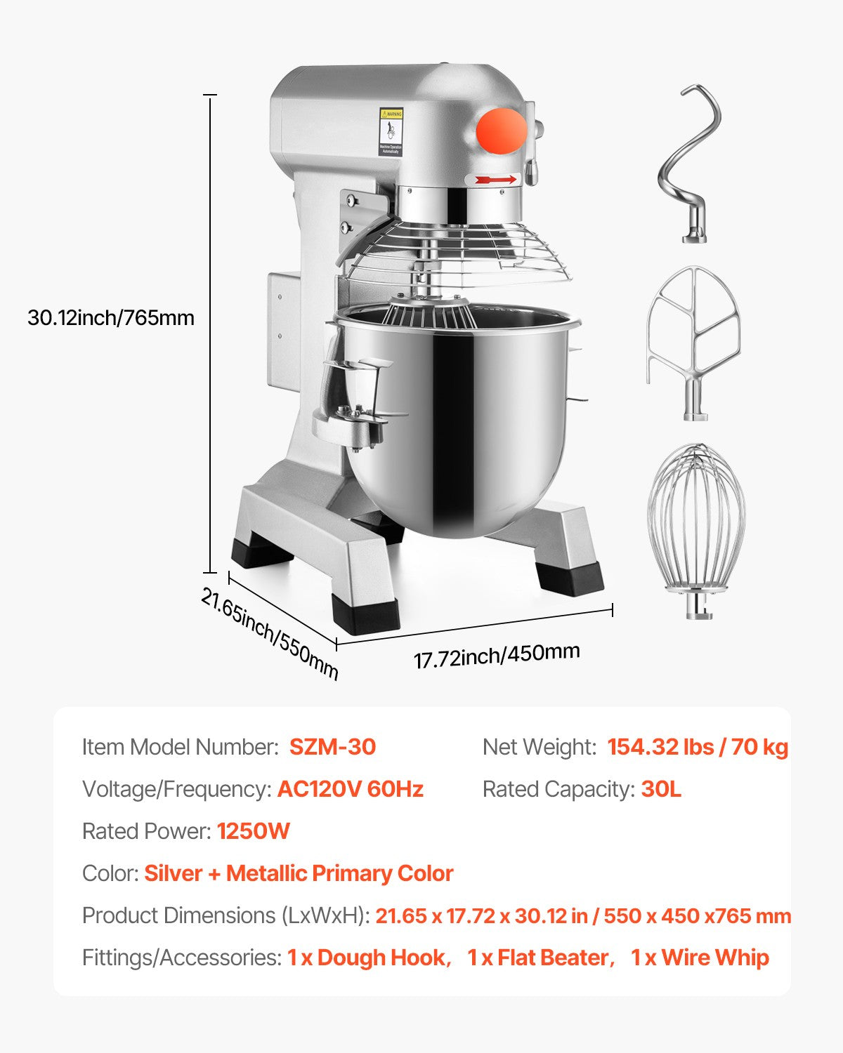 Commercial Dough Food Mixer Gear Driven 30 Qt 1.5 HP 3 Speed Pizza Bakery