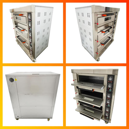 Commercial Pizza Oven Gas Heating Triple Deck Pizza Oven Stainless Steel Bread Baking Machine 6 Baking Sheets 110V for Restaurant Kitchen Bakery