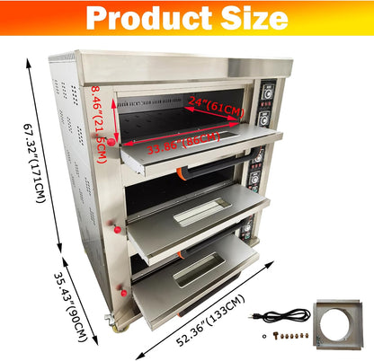 Commercial Pizza Oven Gas Heating Triple Deck Pizza Oven Stainless Steel Bread Baking Machine 6 Baking Sheets 110V for Restaurant Kitchen Bakery