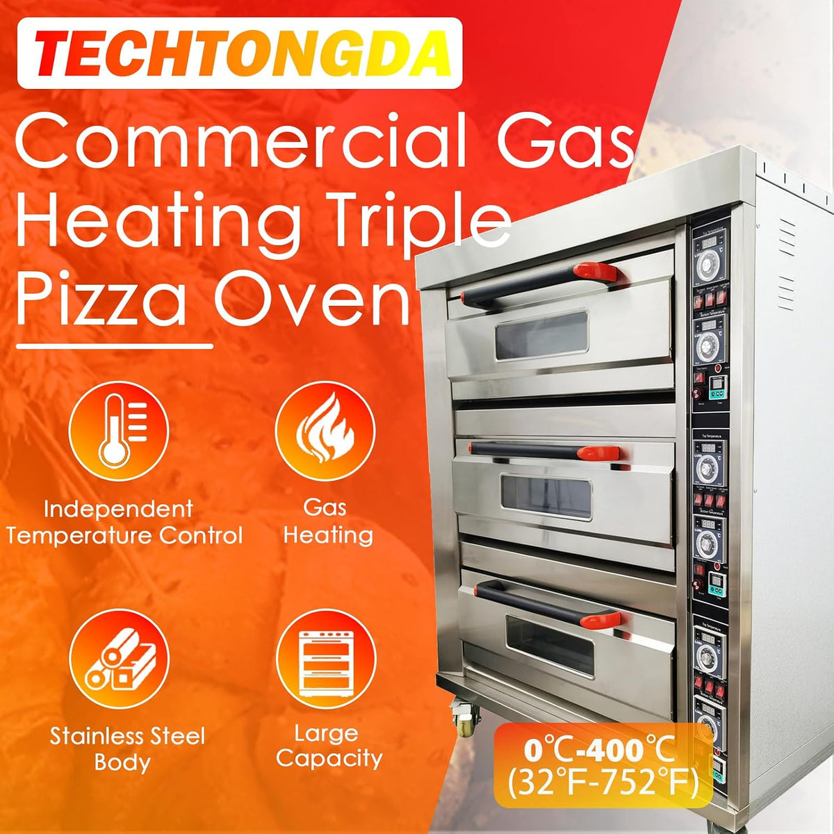 Commercial Pizza Oven Gas Heating Triple Deck Pizza Oven Stainless Steel Bread Baking Machine 6 Baking Sheets 110V for Restaurant Kitchen Bakery