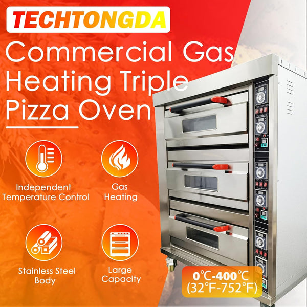 Commercial Pizza Oven Gas Heating Triple Deck Pizza Oven Stainless Steel Bread Baking Machine 6 Baking Sheets 110V for Restaurant Kitchen Bakery
