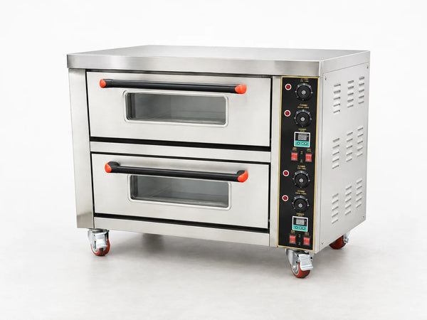 Commercial Pizza Oven Double Deck Movable Electric Pizza Oven Stainless Steel Multipurpose Pizza Oven for Restaurant with Wheels 6400W 220V Single Phase — Studio Shot