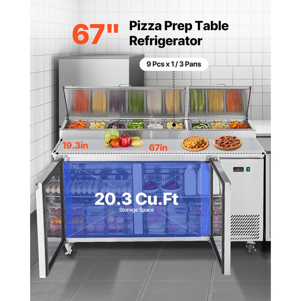 67" Commercial Refrigerated Pizza Prep Table Station Fridge Double Door W/9 Pans